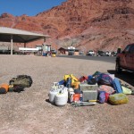 Only a tiny part of the mountains of gear we had to load on five 18-foot rafts and five wooden boats. Yes, there are 16 people on the trip. Yes, we’ll be gone for three weeks. Still, it’s a hell of a lot of gear. Inflating our five rafts. That big trailer was piled FULL when we started unloading.